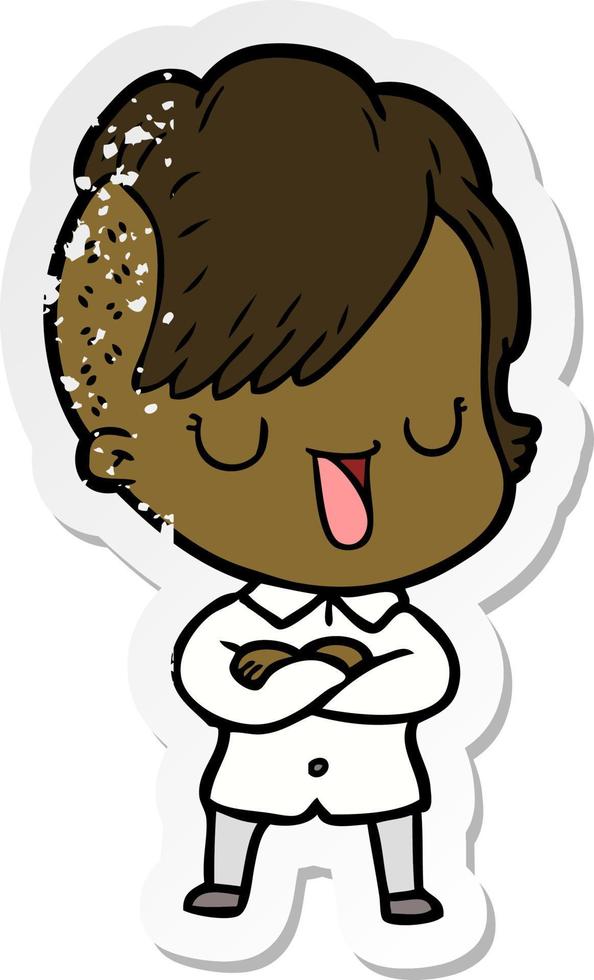 distressed sticker of a cute cartoon girl with hipster haircut vector