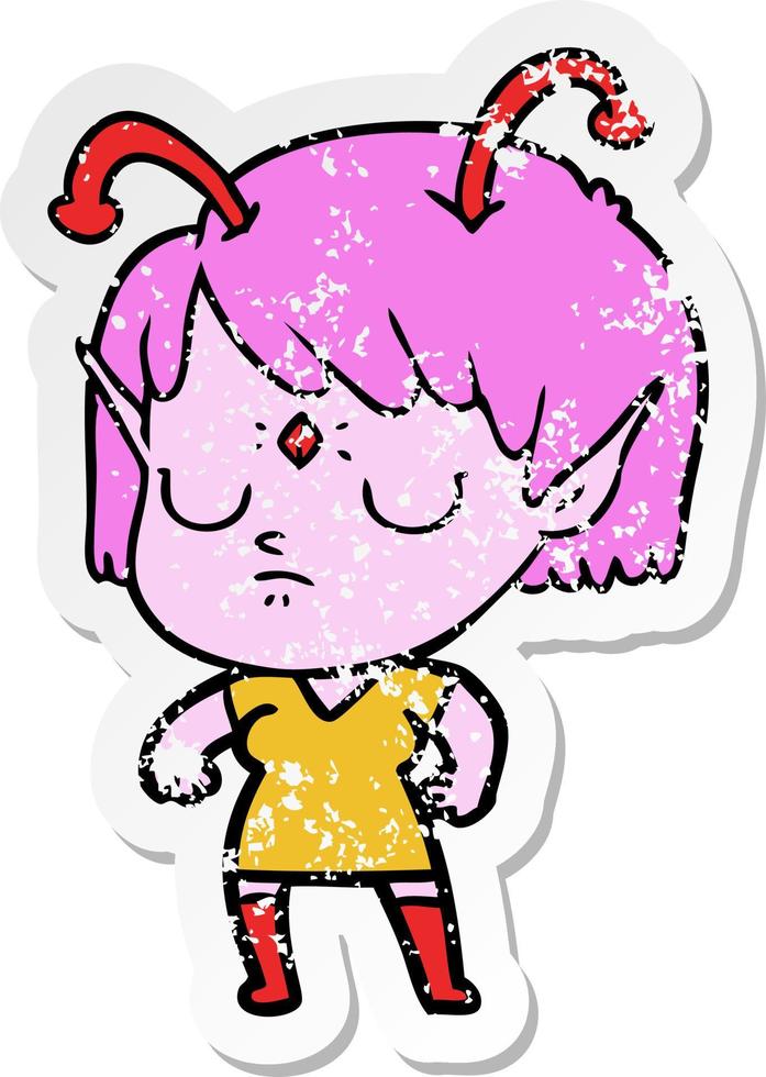 distressed sticker of a cartoon alien girl vector