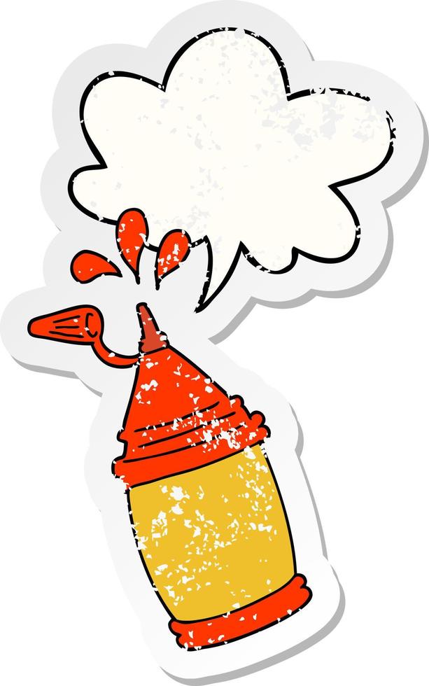 cartoon ketchup bottle and speech bubble distressed sticker vector