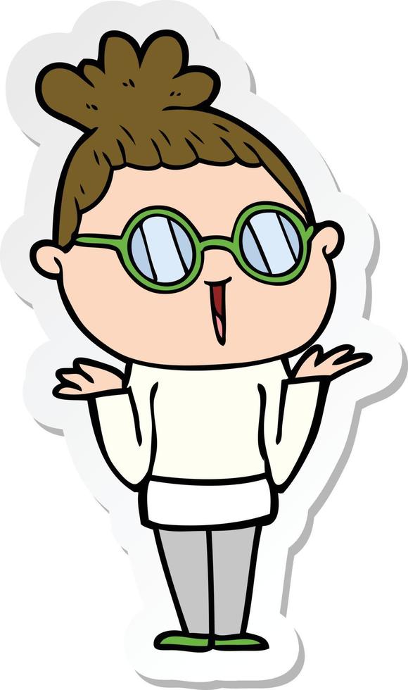 sticker of a cartoon shrugging woman wearing spectacles vector
