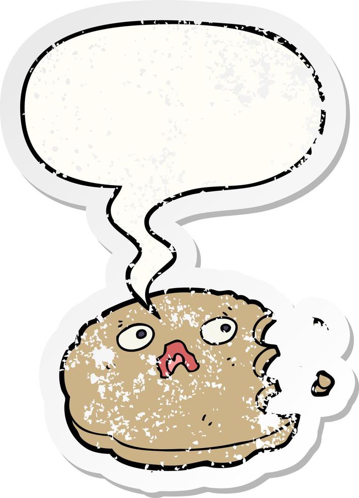 cartoon bitten cookie and speech bubble distressed sticker vector