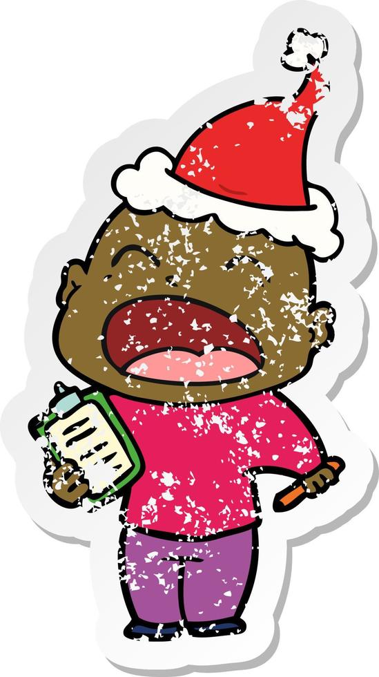 distressed sticker cartoon of a shouting bald man wearing santa hat vector