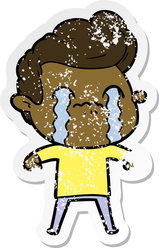 distressed sticker of a cartoon man crying vector