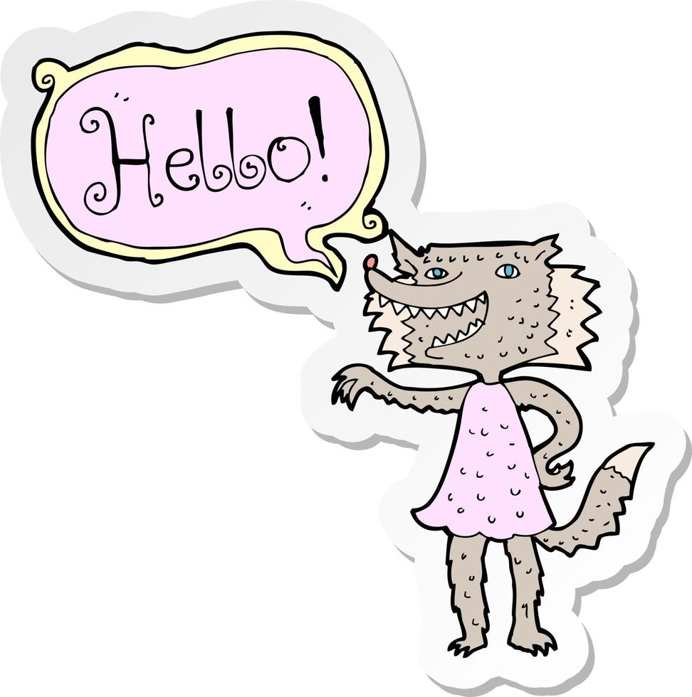 pegatina de una niña lobo de dibujos animados saludando vector