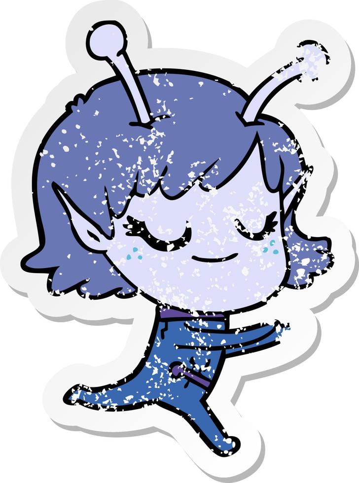 distressed sticker of a smiling alien girl cartoon running vector