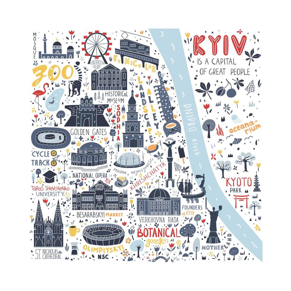 Illustrated map of Kyiv with turist attractions and symbols. Illustration with famous places and buildings in cartoon style vector