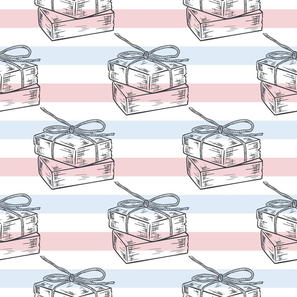 Hand made soap hand engraved on striped background seamless pattern vector