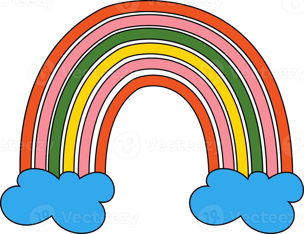 Retro-70er-Vibe. Regenbogen mit Wolken, grooviges Element png