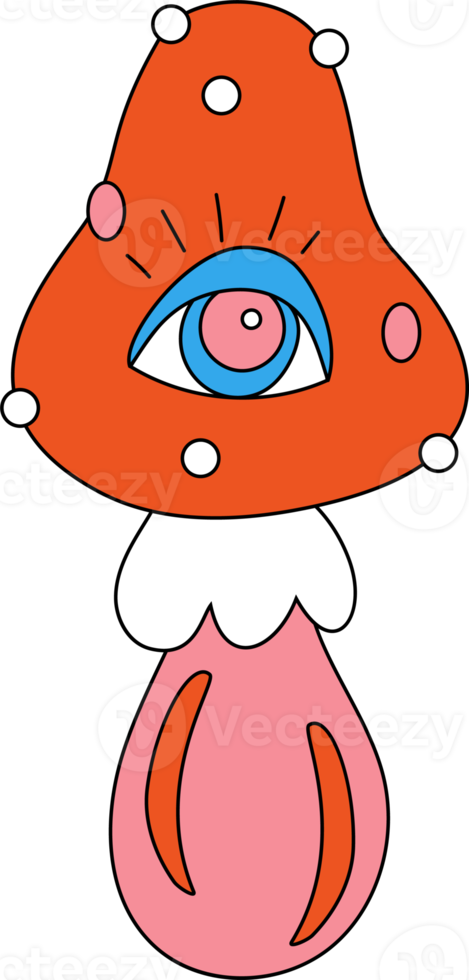 Cartoon funky mushrooms with an eye. psychedelic groovy element png