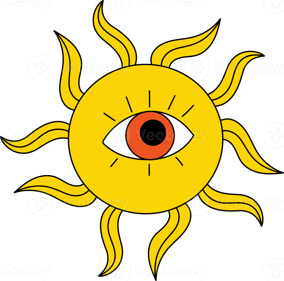 Retro 70s vibe, hippie sticker. sun with eye png
