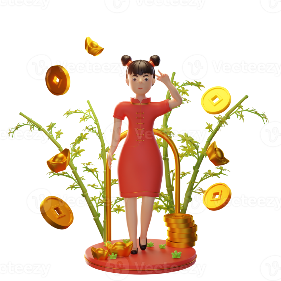 3d Character Illustration Chinese New Year with coin, ingot, bamboo, used for a web app, etc png