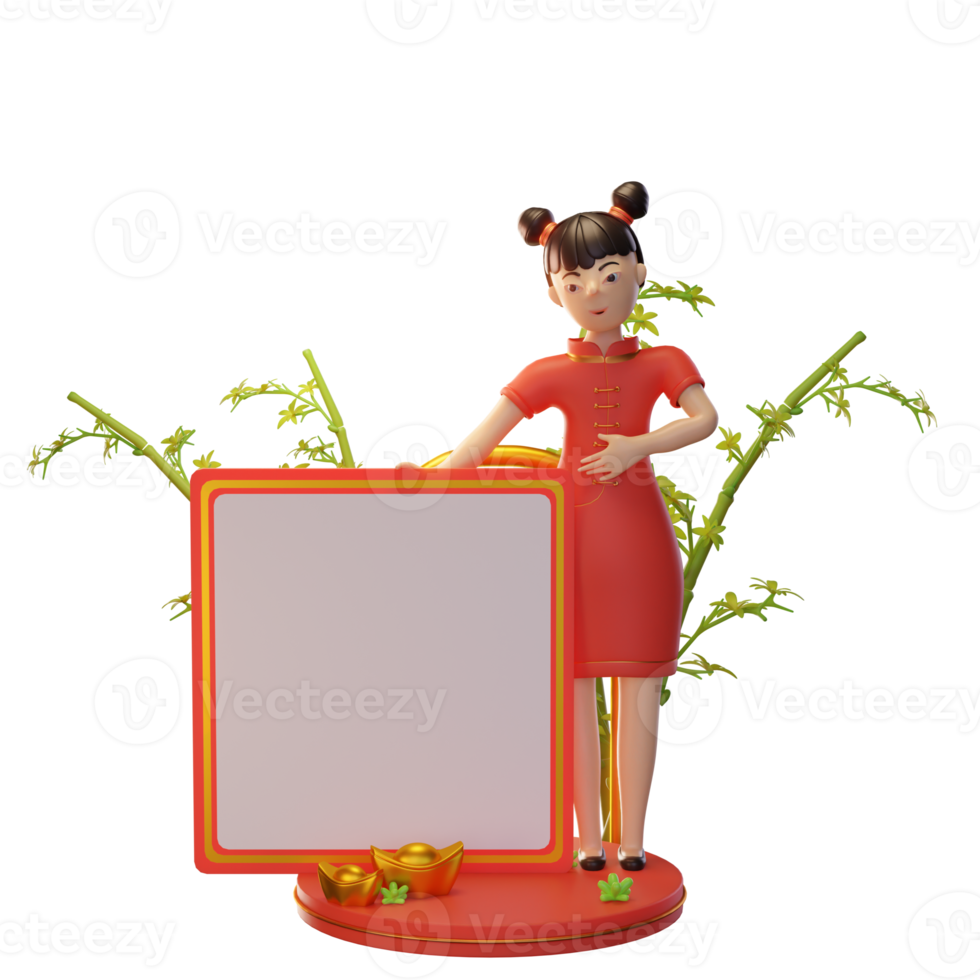 3d Character Illustration Chinese New Year with coin, ingot, bamboo, used for a web app, etc png