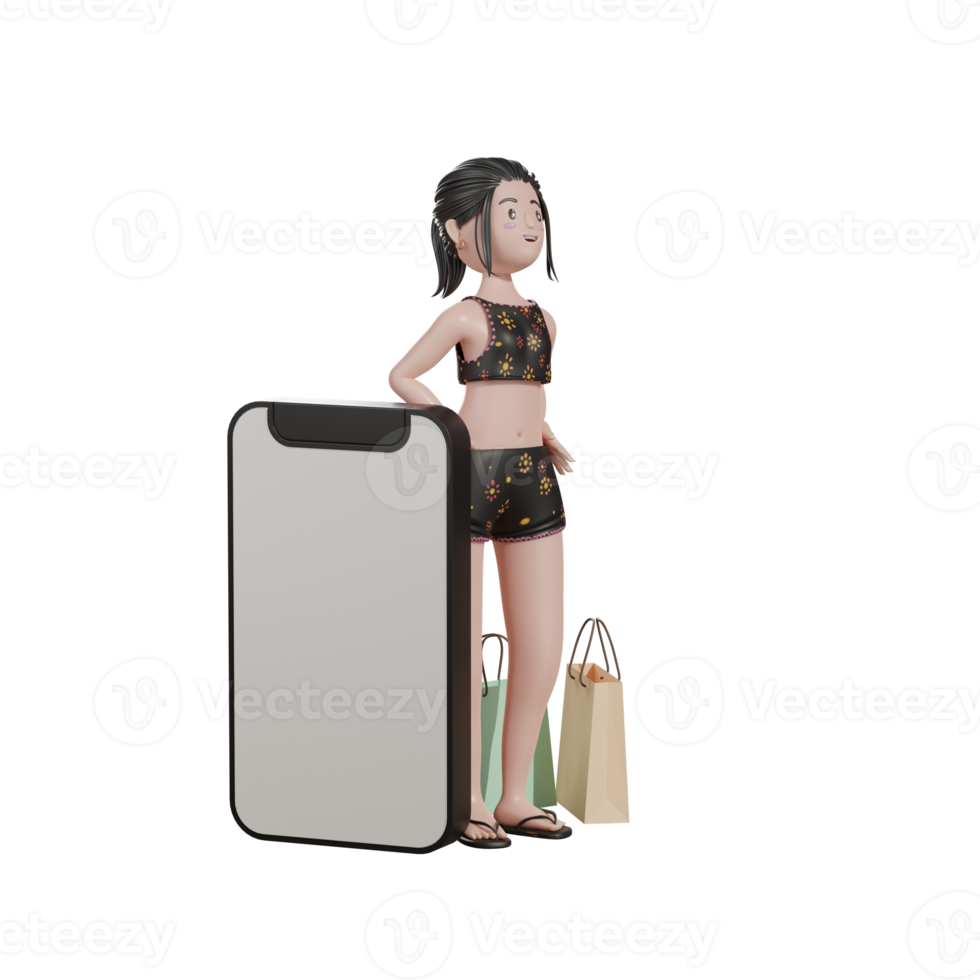 Female with phone and tote bag, summer 3d Illustration png