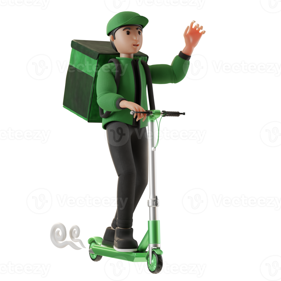 service de livraison, avec personnage et scooter, illustration 3d png