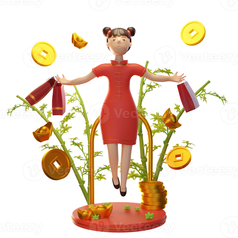 3d Character Illustration Chinese New Year with coin, ingot, bamboo, used for a web app, etc png