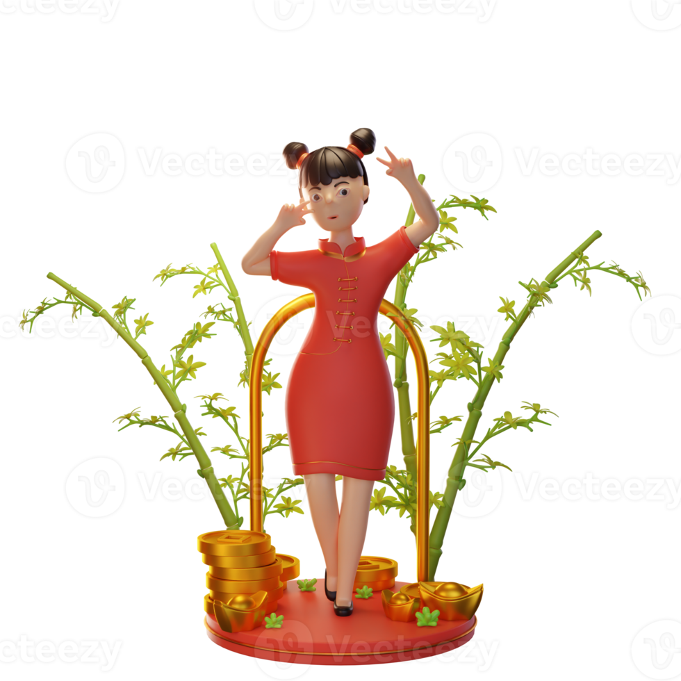 3d Character Illustration Chinese New Year with coin, ingot, bamboo, used for a web app, etc png