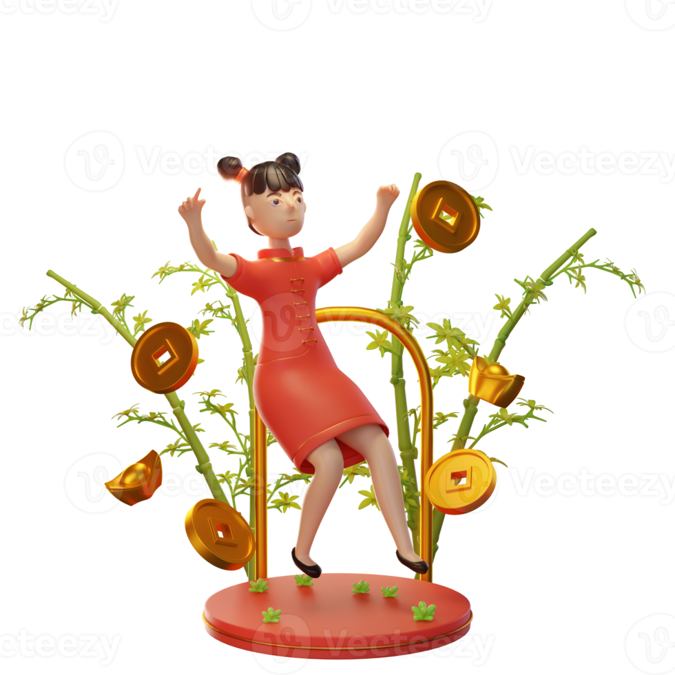 3d Character Illustration Chinese New Year with coin, ingot, bamboo, used for a web app, etc png