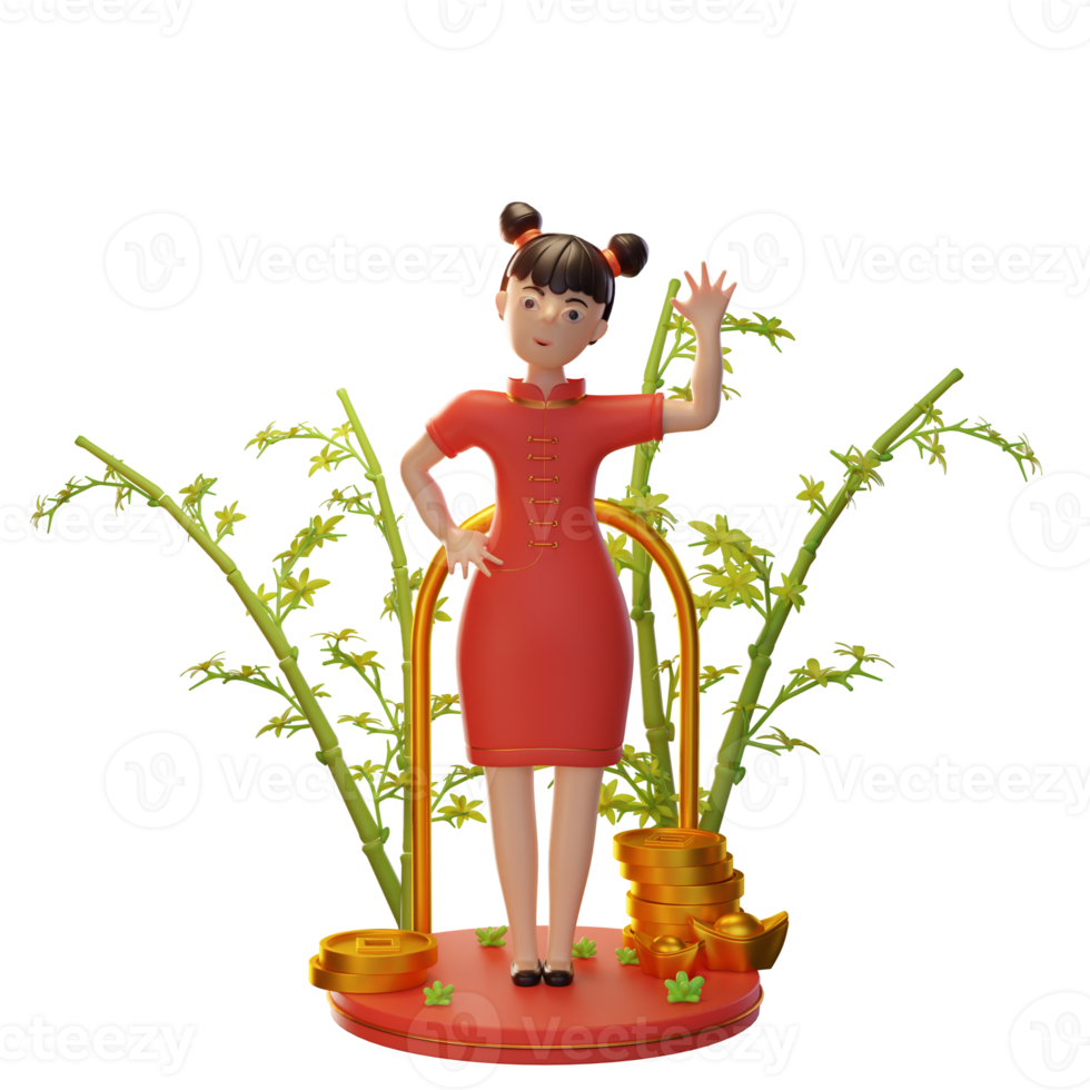 illustrazione del personaggio 3d capodanno cinese con moneta, lingotto, bambù, utilizzato per un'app web, ecc png