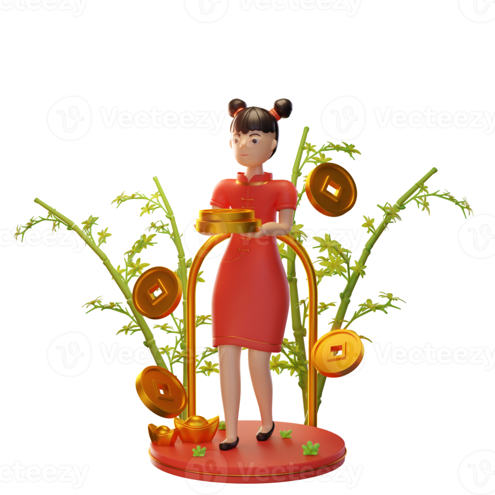 3d Character Illustration Chinese New Year with coin, ingot, bamboo, used for a web app, etc png