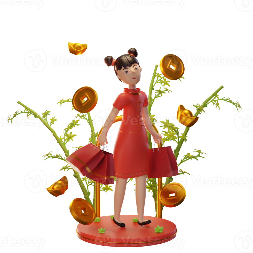 3d Character Illustration Chinese New Year with coin, ingot, bamboo, used for a web app, etc png