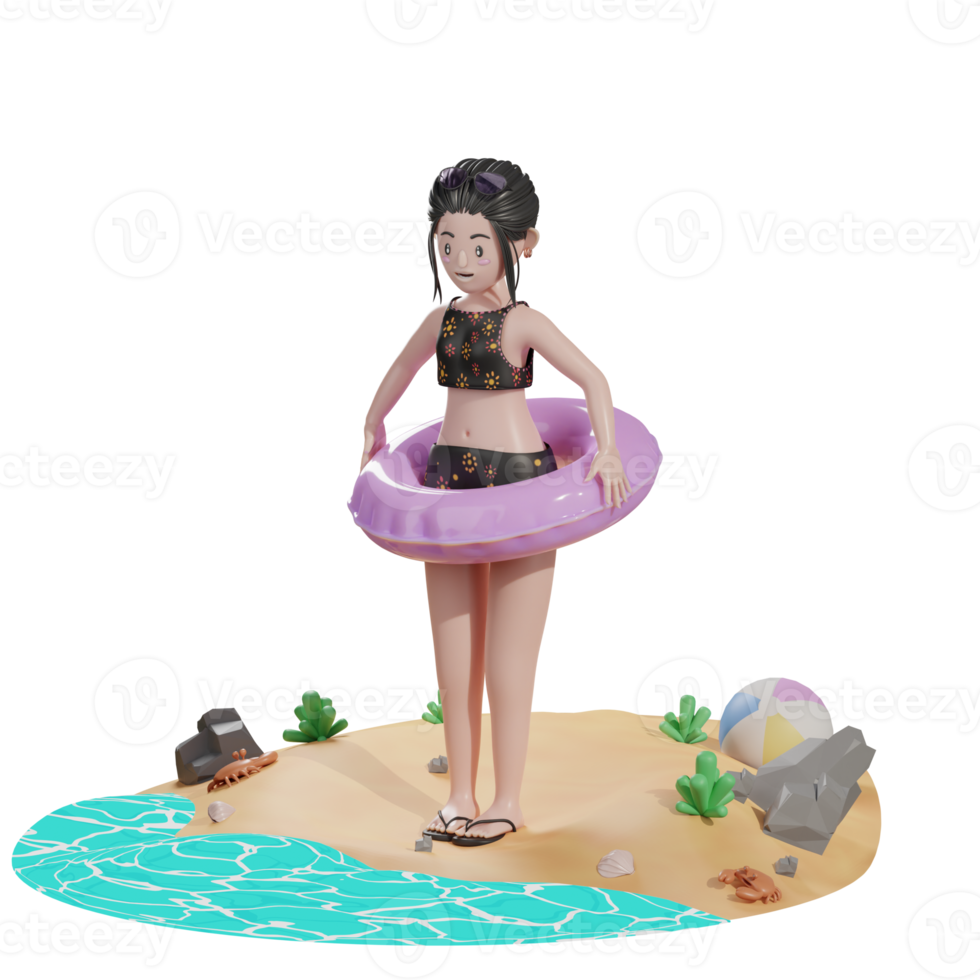 Female with floating balloon, summer 3d Illustration png