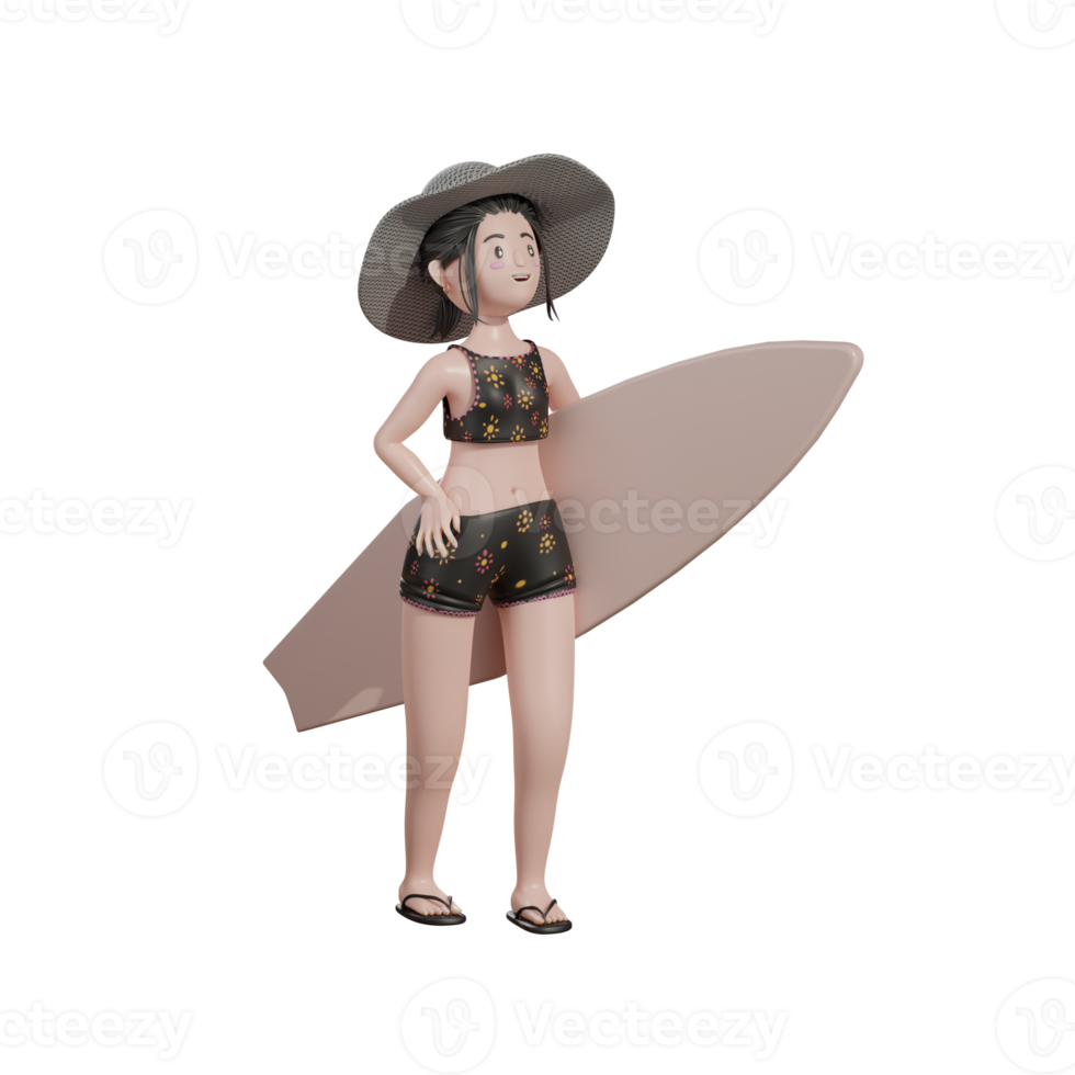 mujer con tabla de surf, ilustración 3d de verano png