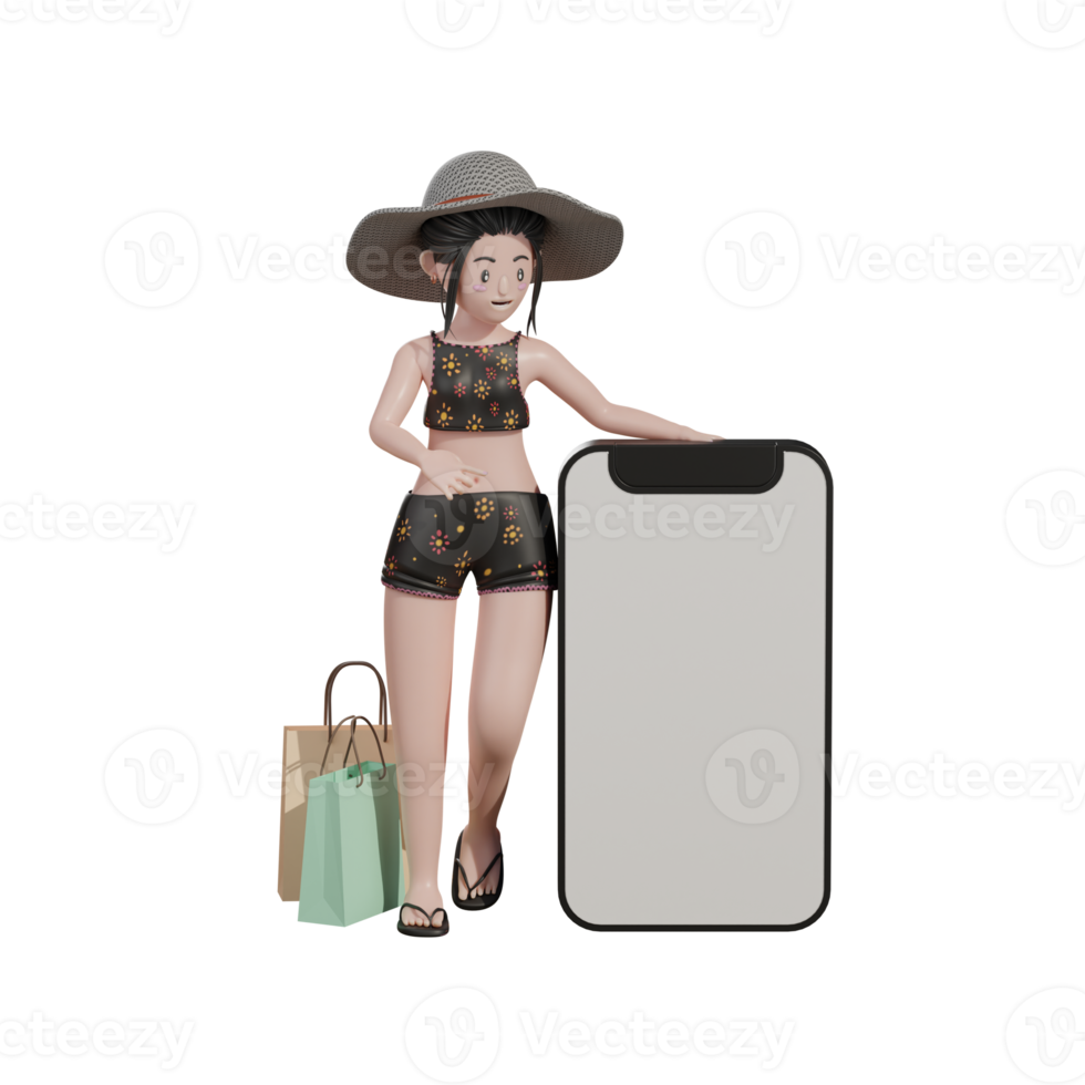 Female with phone and tote bag, summer 3d Illustration png