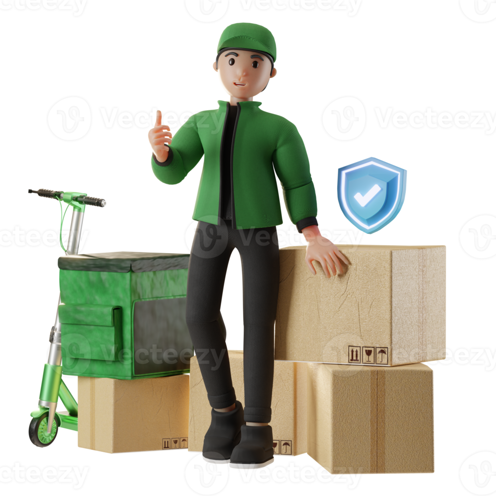 servicio de entrega, con un personaje entregando un paquete, ilustración 3d png
