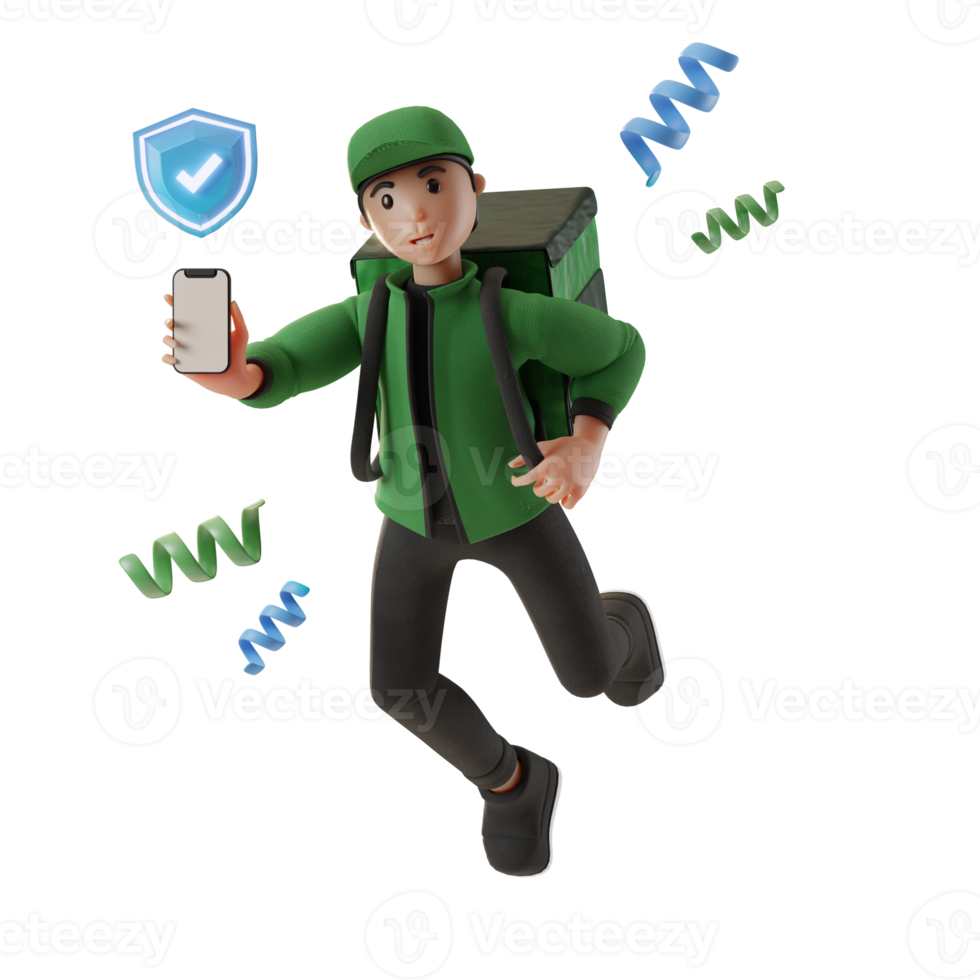 Delivery Service, with character, bag, and smartphone, 3d Illustration png