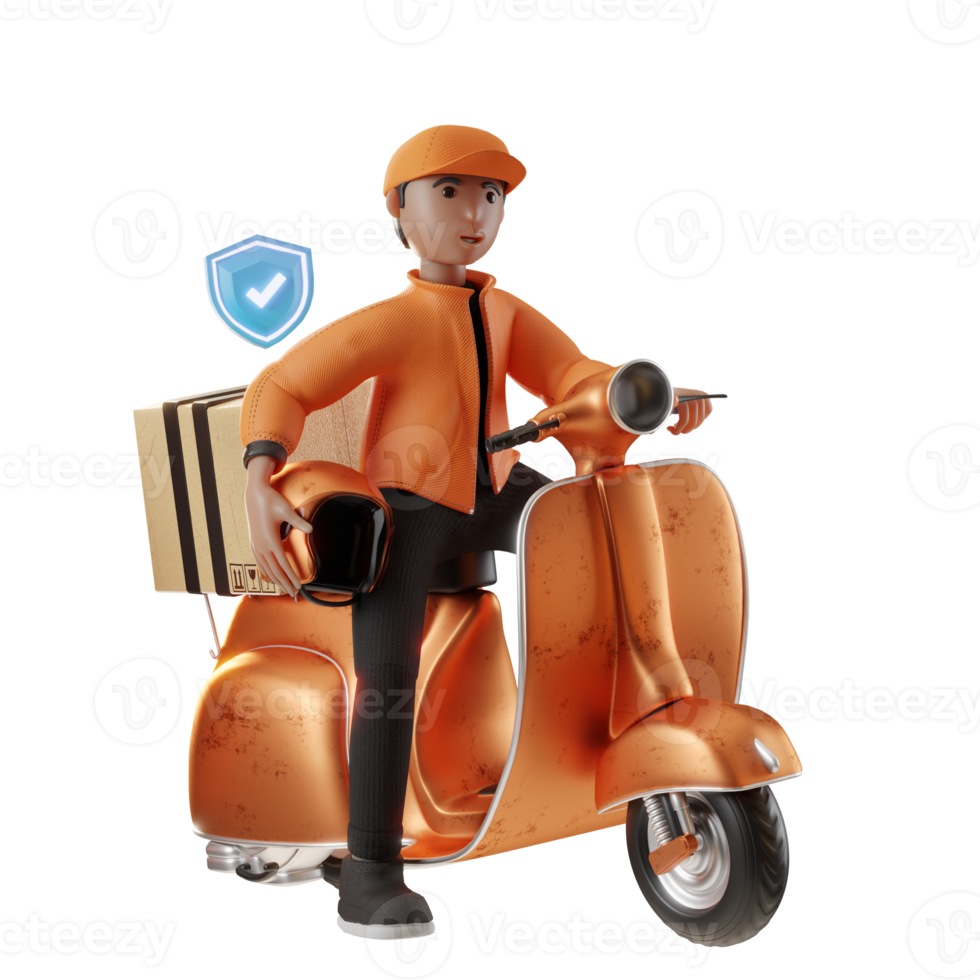 service de livraison, avec personnage et moto, illustration 3d png