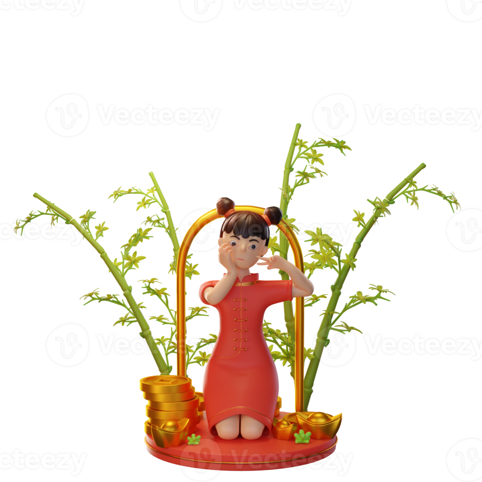 3d Character Illustration Chinese New Year with coin, ingot, bamboo, used for a web app, etc png