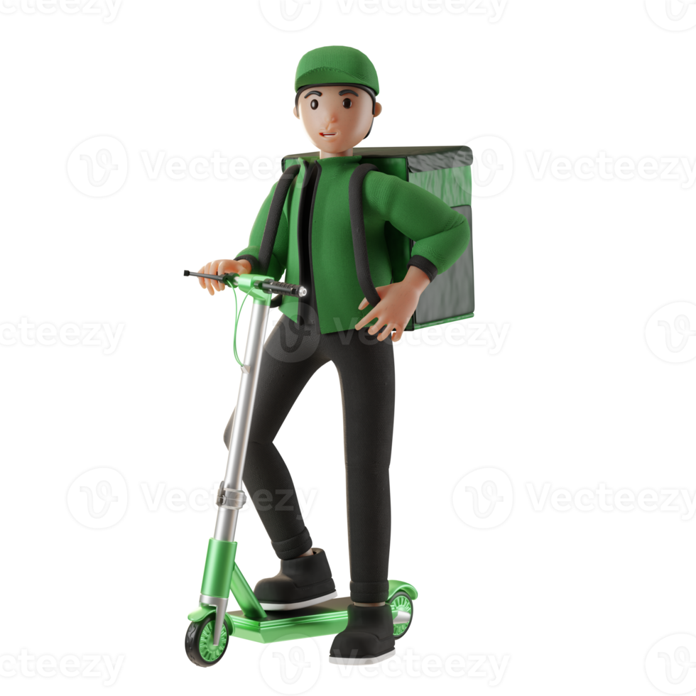 servicio de entrega, con carácter y scooter, ilustración 3d png