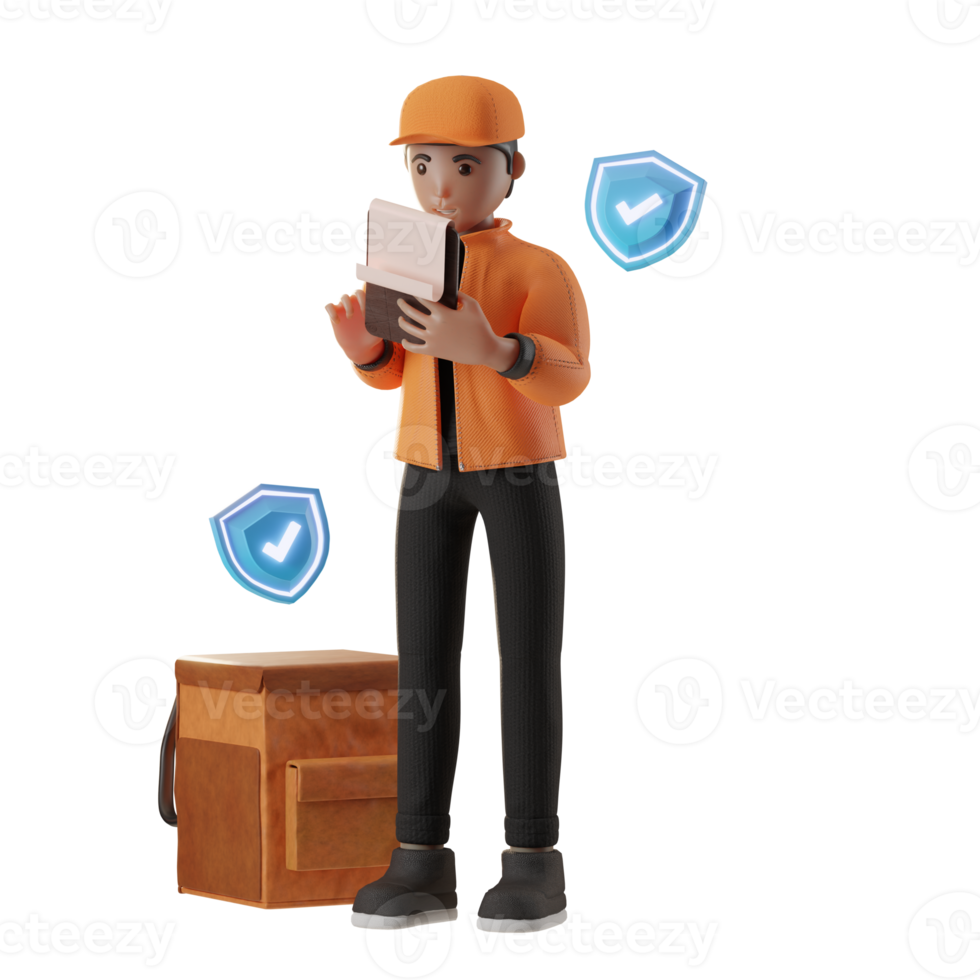 Delivery Service, with a character, holding data board, 3d Illustration png