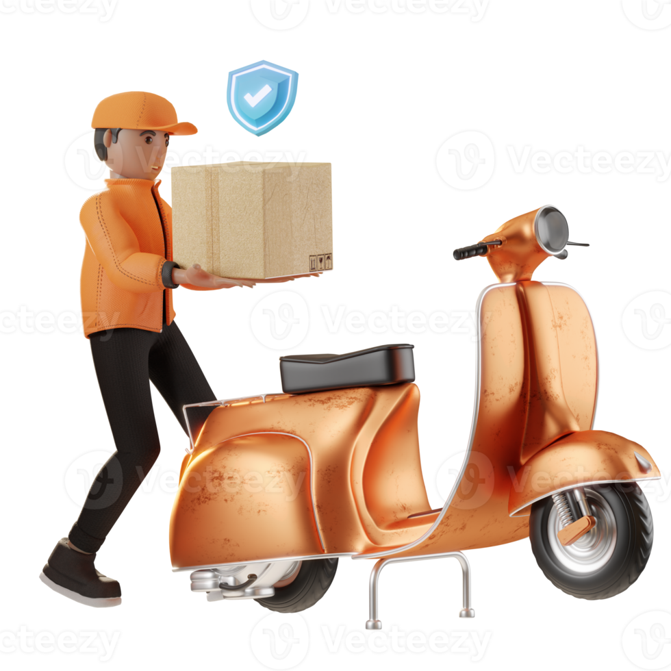 lieferservice, mit charakter und motorrad, 3d-illustration png