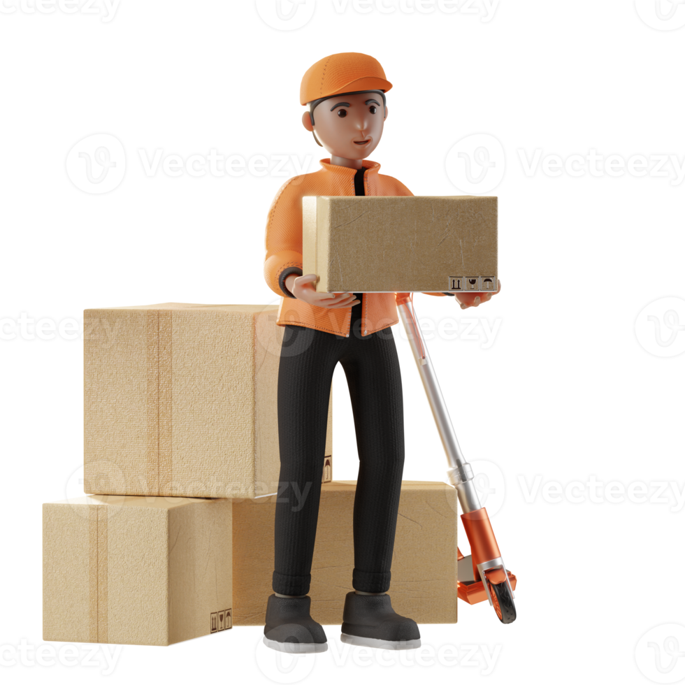 Delivery Service, with a character delivering a package, 3d Illustration png