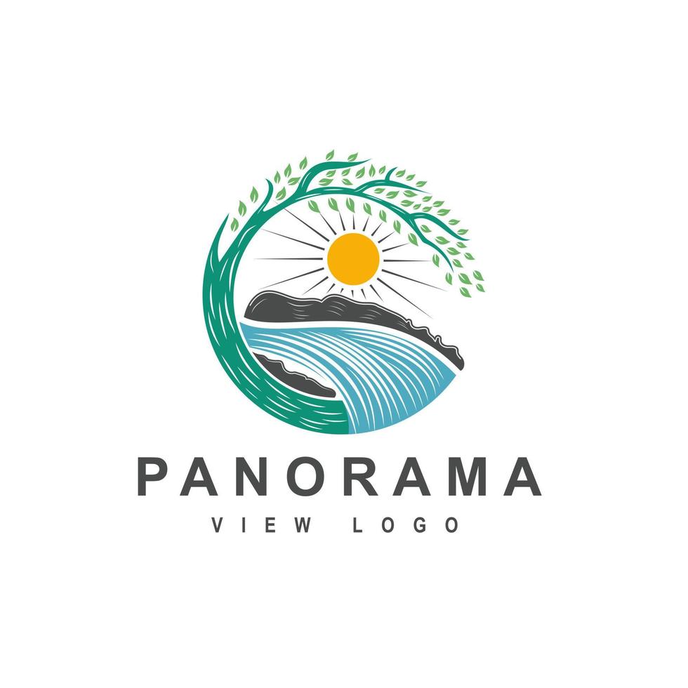 árbol, logotipo del paisaje del río diseño del logotipo del paisaje rural, árboles, símbolo del arroyo. vector