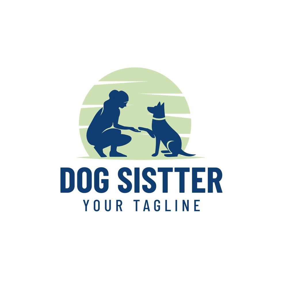 logotipo de diseño vectorial de silueta humana y de perro bajo la luna, cuidador de perros, ilustración amante de los perros. vector