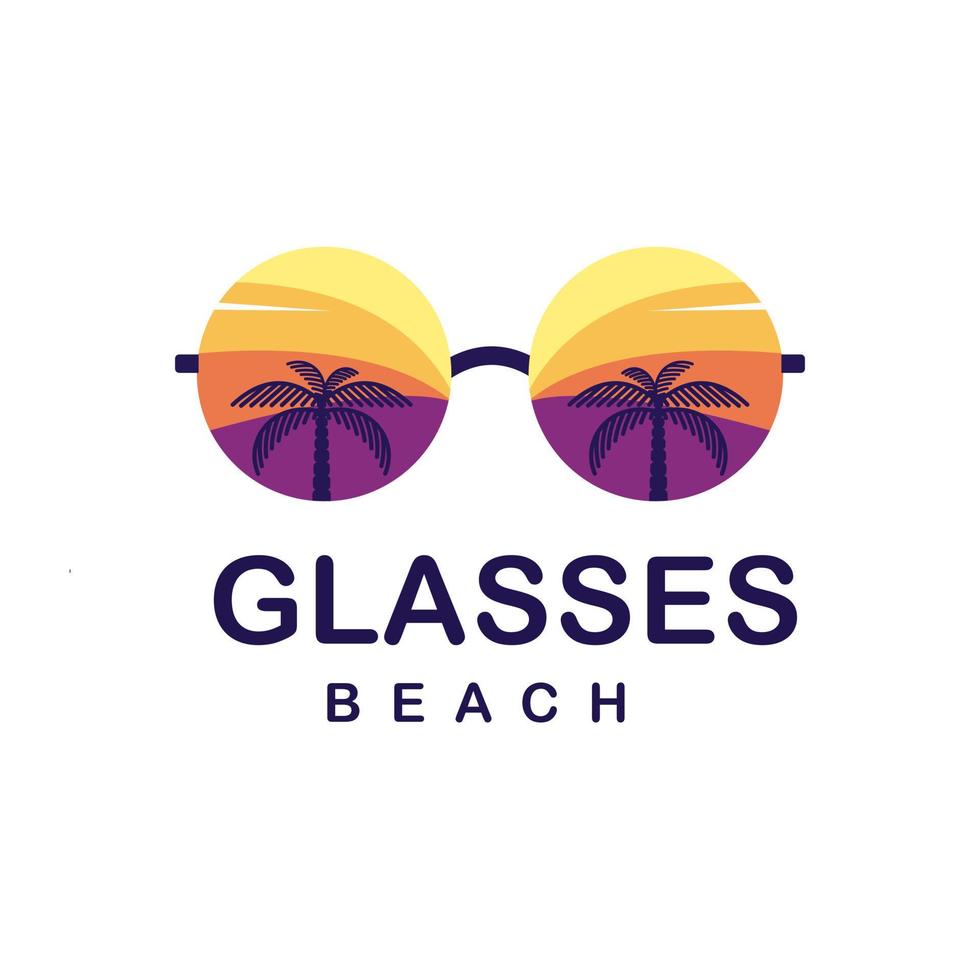 Summer beachfront modern style emblem with glasses, palm tree, surfer. vector
