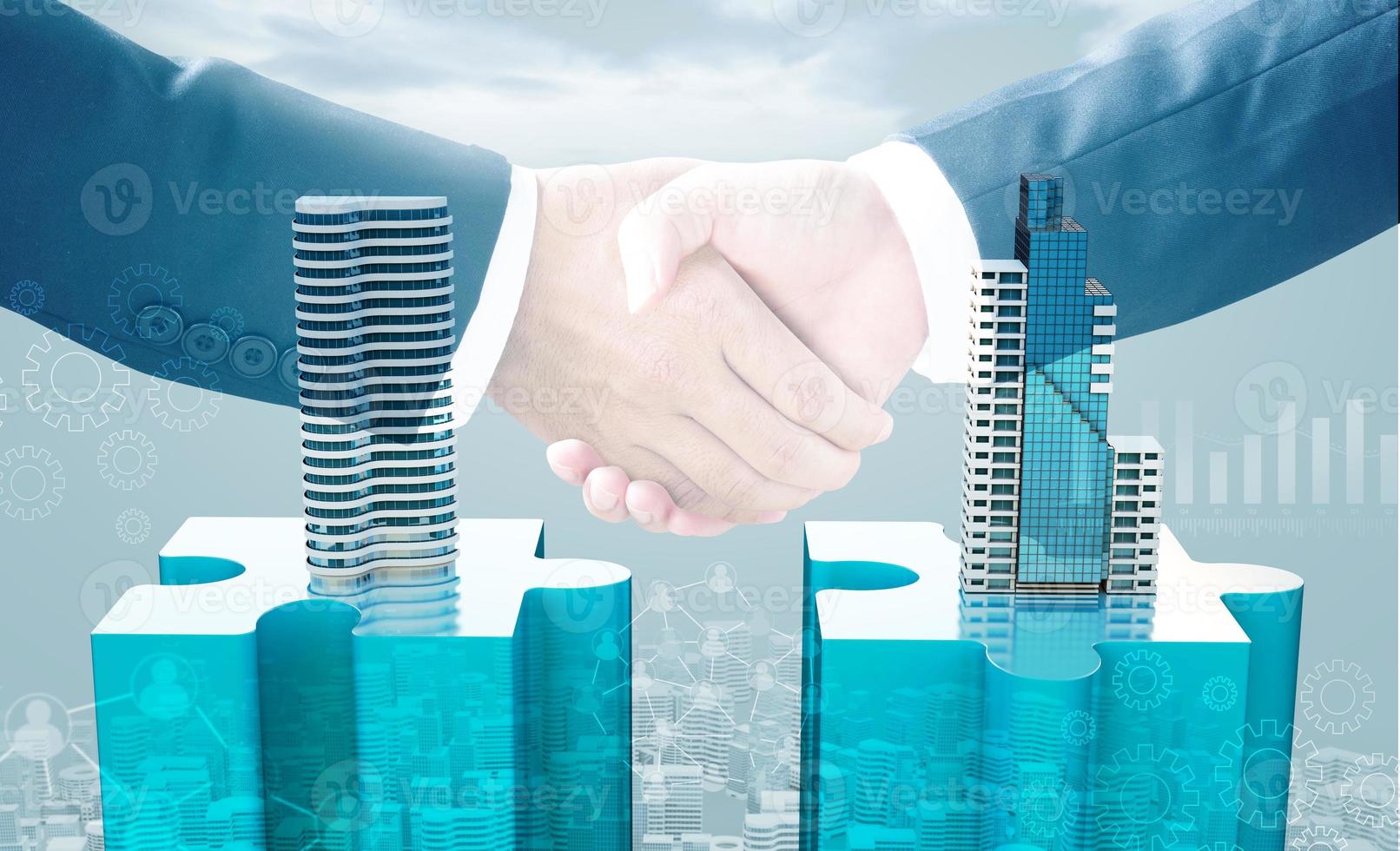 Merger and acquisition business concept, join company on puzzle pieces and handshake, 3d render photo