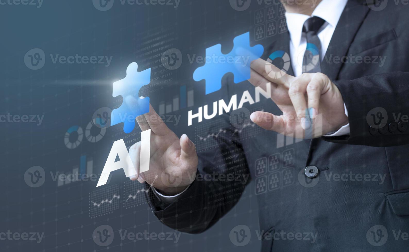 Business man mergers Artificial Intelligence and human photo