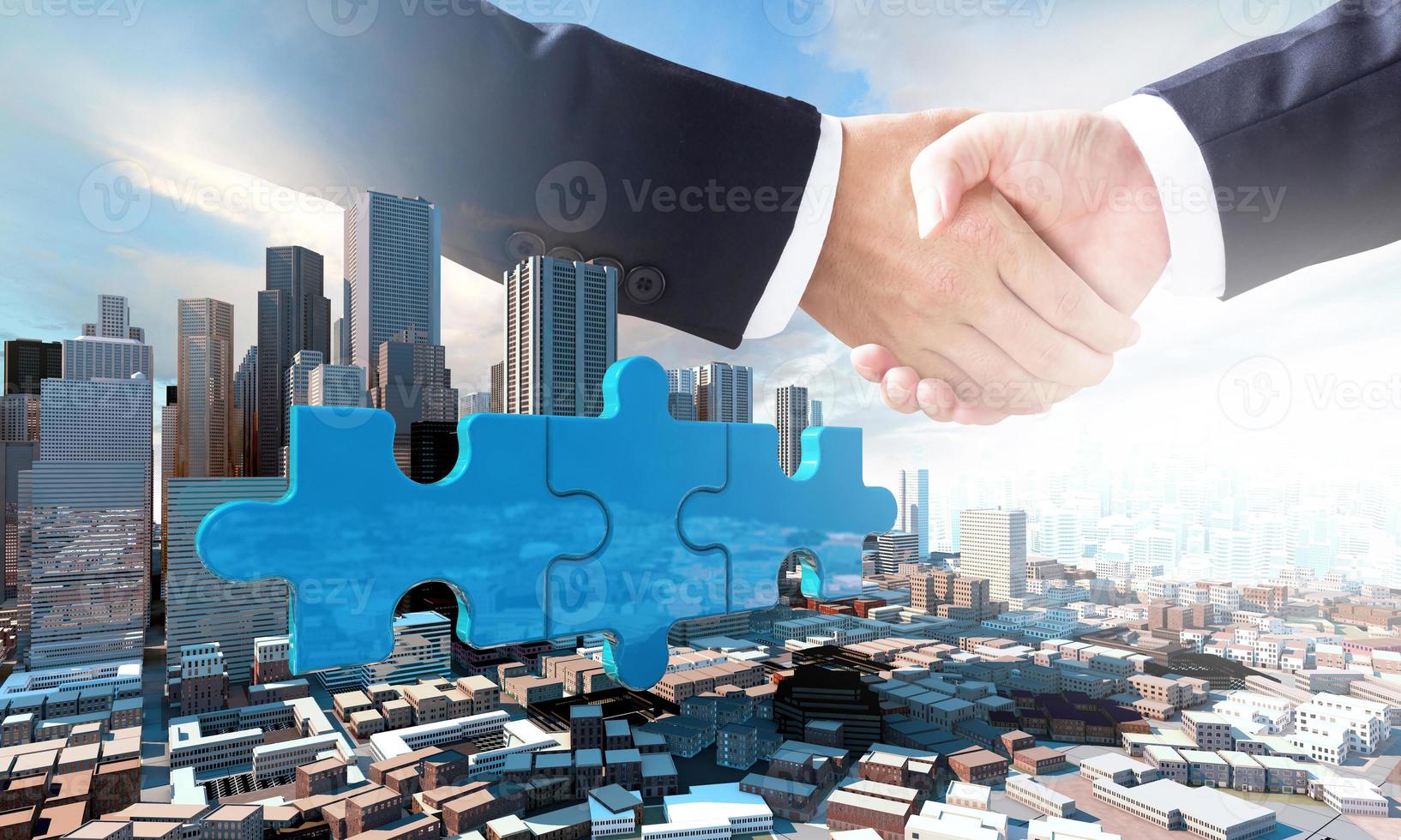 Merger and acquisition business concept, join company on puzzle pieces and handshake, 3d render photo