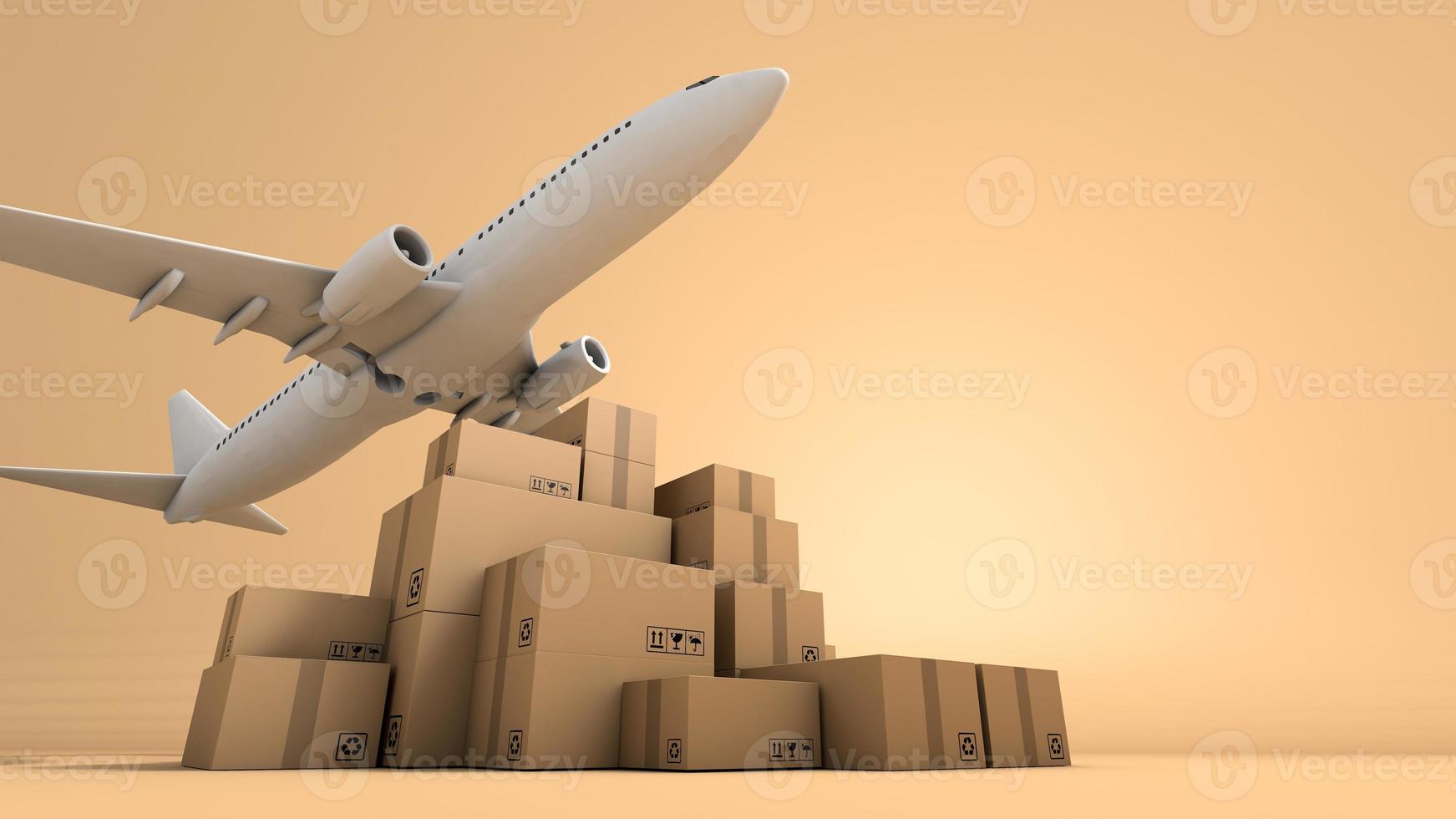 Stack of brown box packaging and airplane, shipping business worldwide, 3d rendering photo