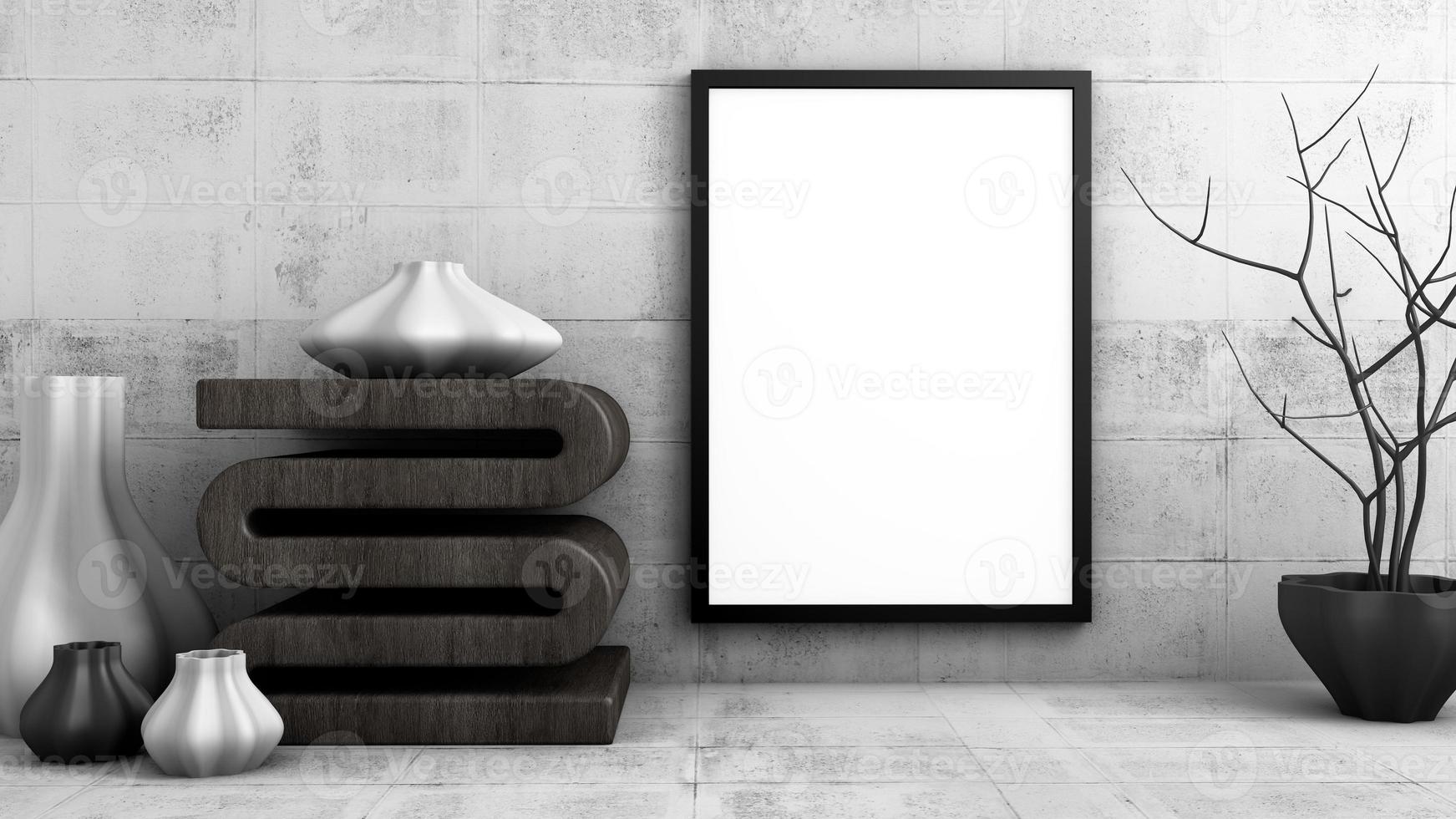 Mockup frame vertical white blank photo in vintage room, 3d rendering