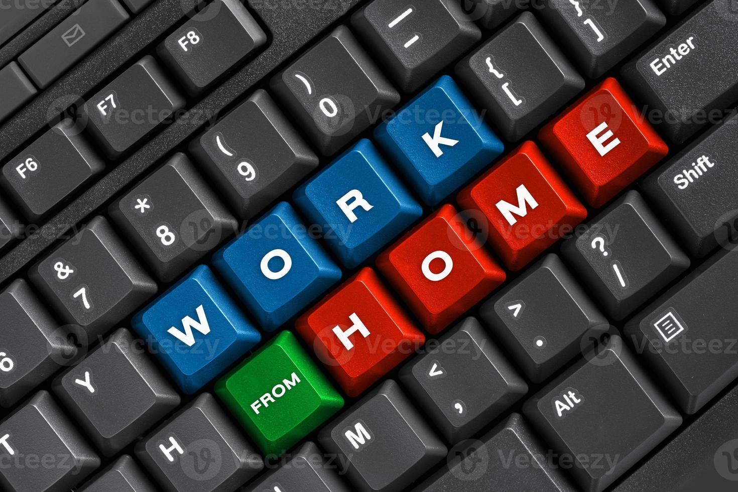 Work from home word on black keyboard, using computer online at home office photo