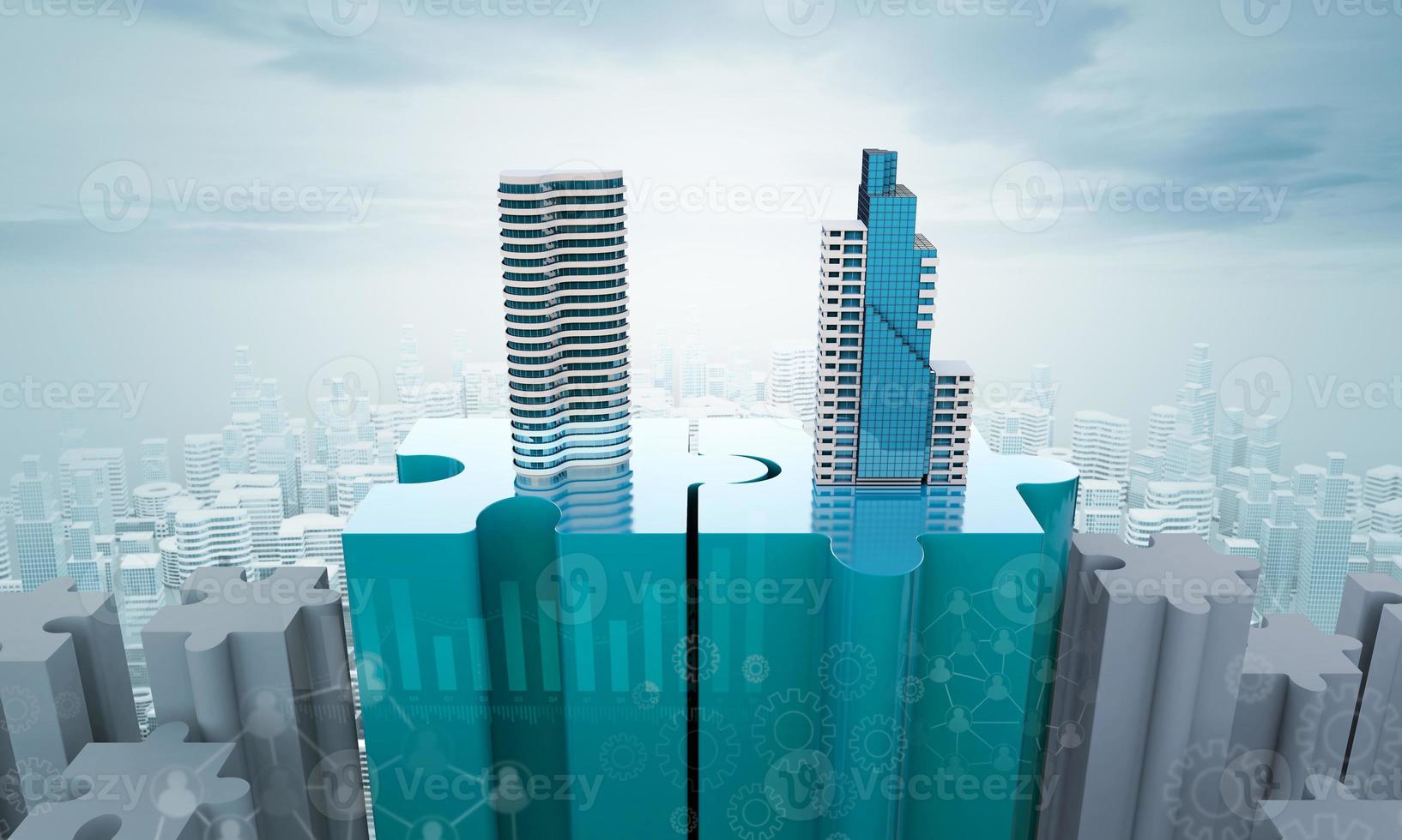 Merger and acquisition business concept, join company on puzzle pieces and handshake, 3d render photo