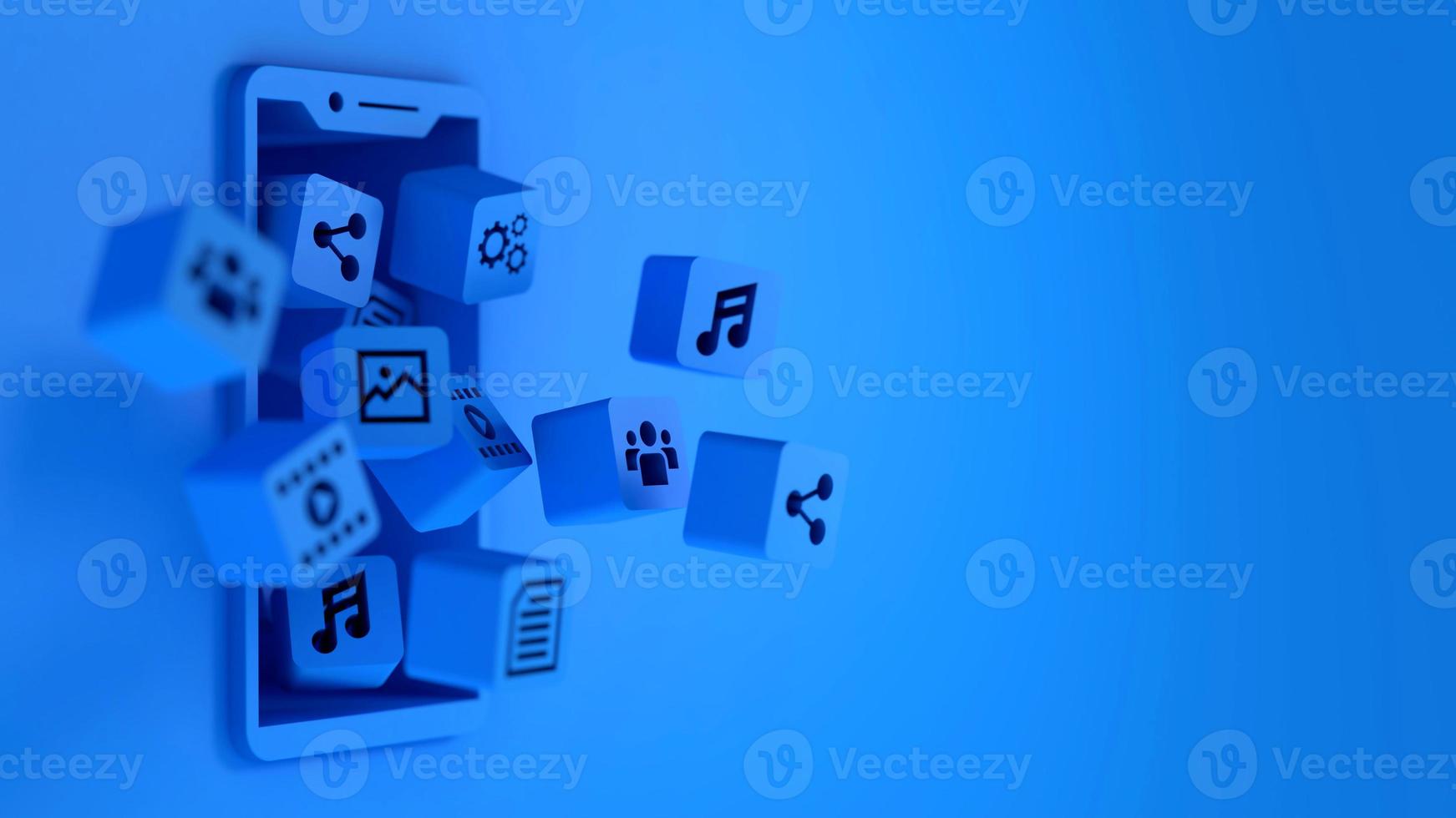 Many blue media application rectangle shape float out from smartphone screen photo