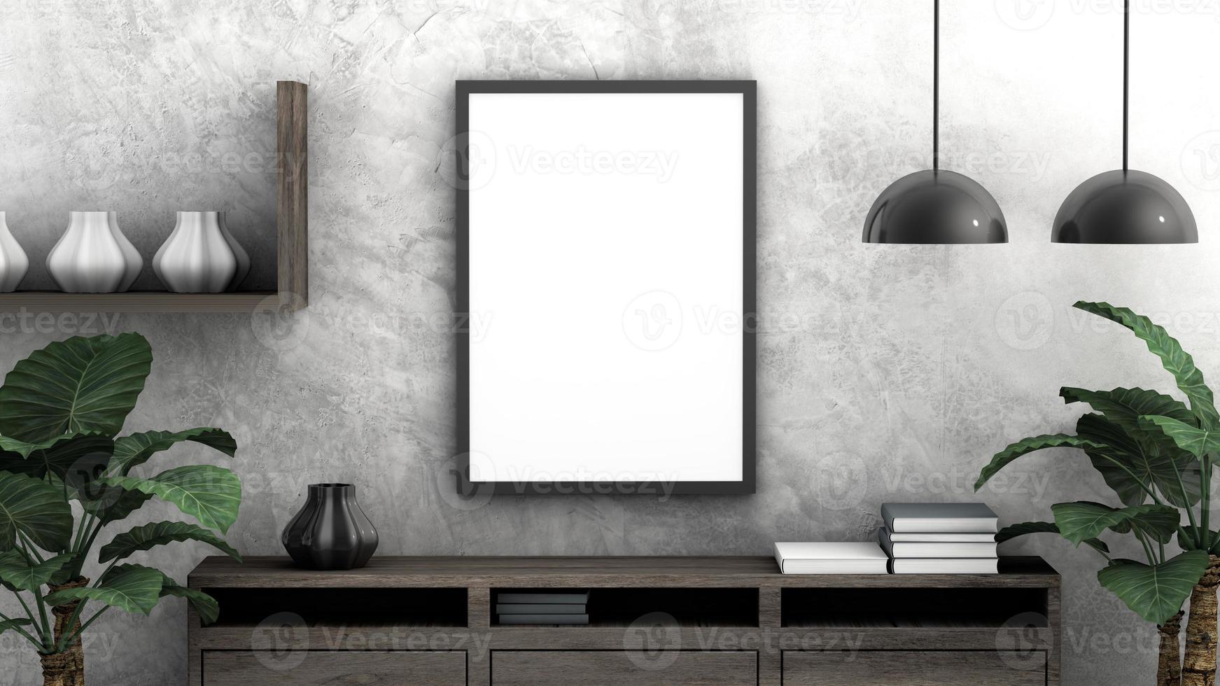 Mockup vertical frame, white blank photo in modern room, 3d rendering