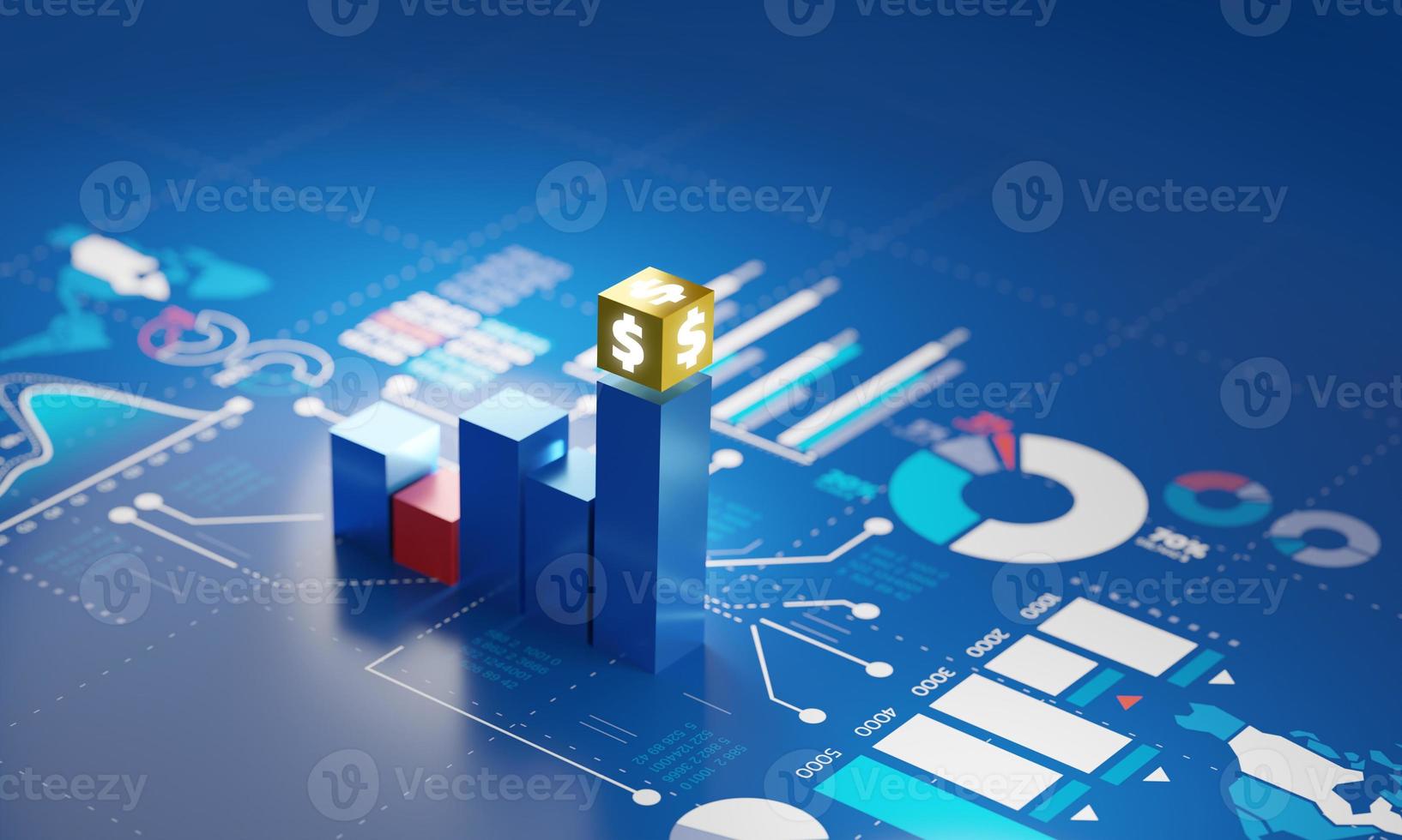 crecimiento del dinero del gráfico de barras en el fondo del gráfico de inversión empresarial de pantalla azul, representación 3d foto