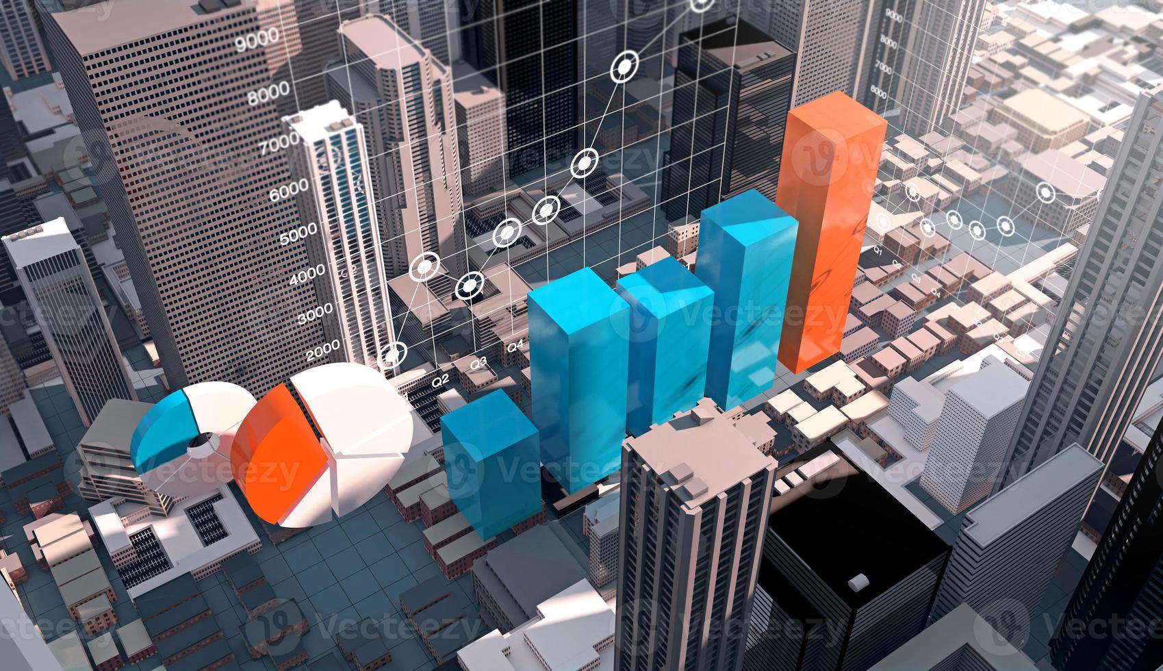 gráfico de infografías de negocios en la ciudad de construcción moderna, representación 3d foto