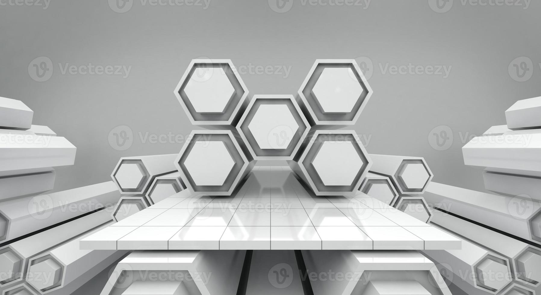 White futuristic hexagon and empty stage background, 3d rendering photo